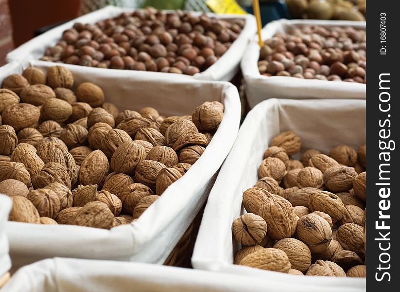 Walnut and Hazelnut in the market. Walnut and Hazelnut in the market