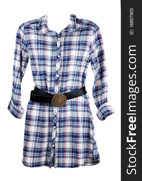 Feminine plaid shirt and leather belt on white background