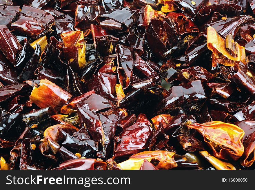 Fried dry chili of food background.