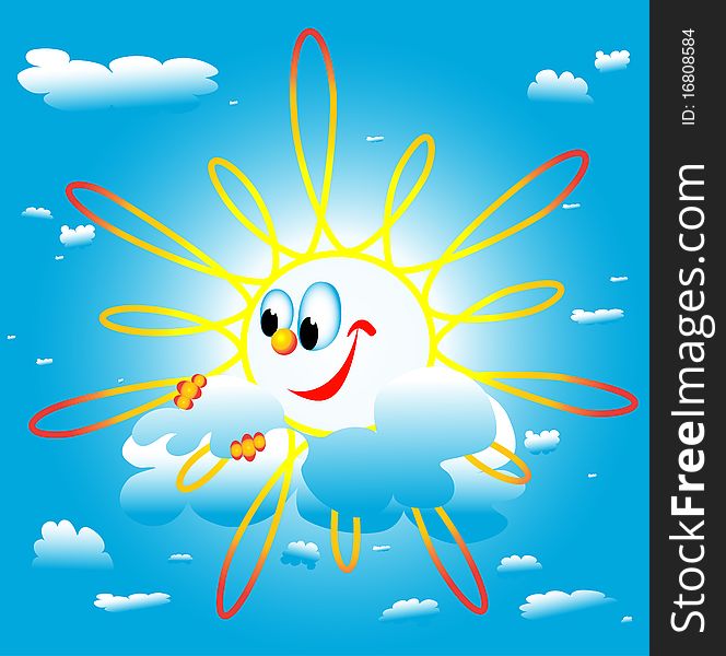 The sun rolls around, the weather is good, a phenomenon in the sky, riding on a cloud, happy sun, yellow sun, blue sky