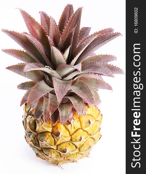 Ripe pineapple with rich rosette. Isolated on a white. Shot made from top. Ripe pineapple with rich rosette. Isolated on a white. Shot made from top.