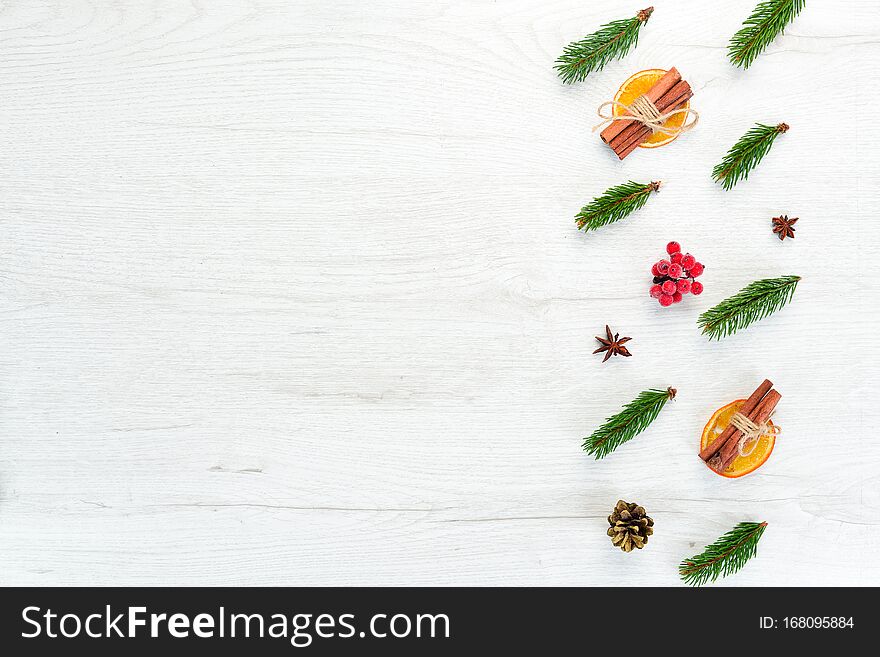 Christmas card. Gift boxes, Christmas tree and Christmas decorations on a white background. Top view