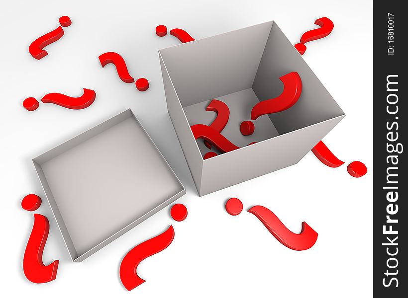 Three dimensional rendering of red question marks symbol inside and outside the gray box. Three dimensional rendering of red question marks symbol inside and outside the gray box.