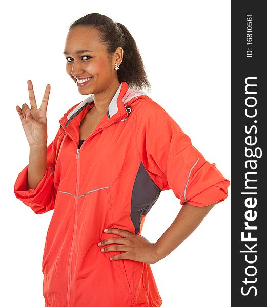 Portrait of a dark-skinned girl in a red sports clothes. Portrait of a dark-skinned girl in a red sports clothes