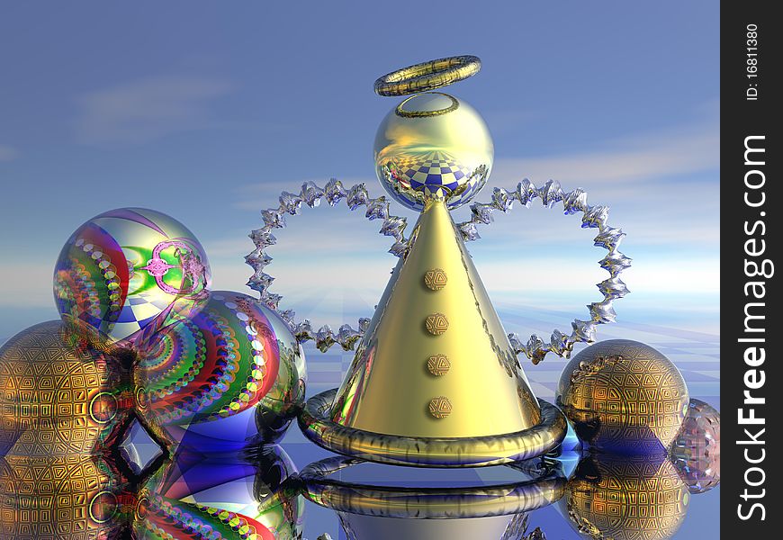 This 3d design shows an golden angel and decorative (christmas) balls in a surrealistic environment. This 3d design shows an golden angel and decorative (christmas) balls in a surrealistic environment.