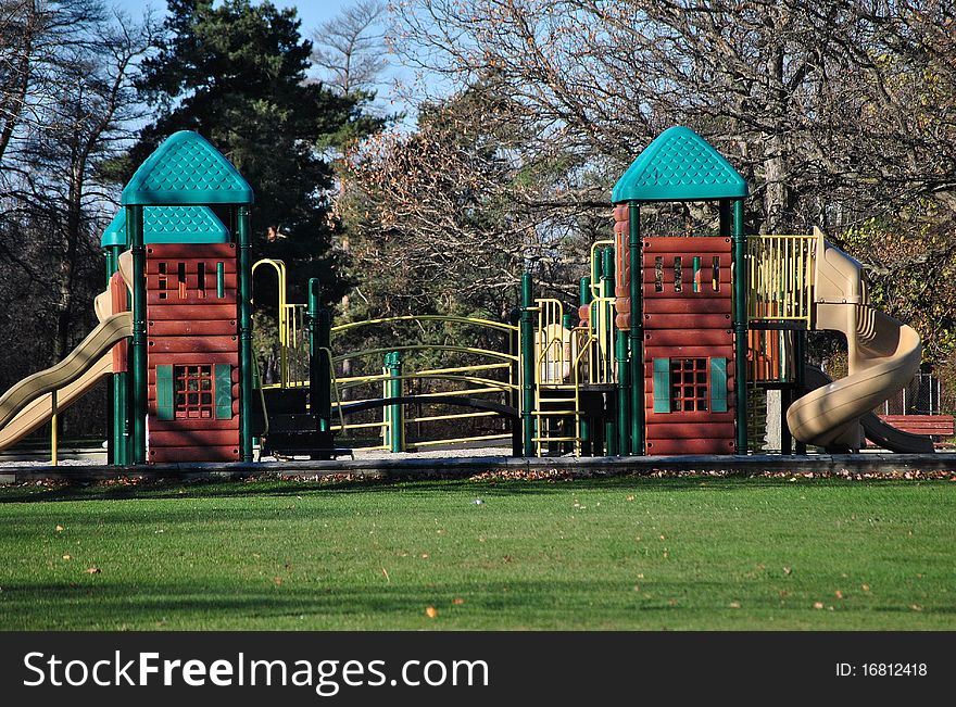 Park setting for outdoor playground apparatus. Park setting for outdoor playground apparatus