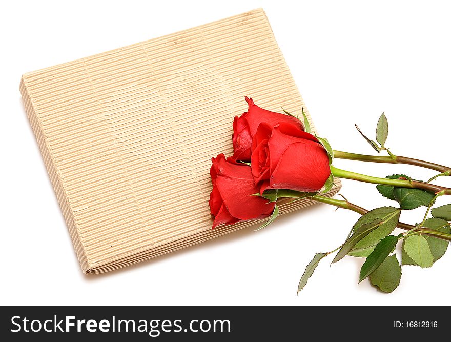 Red roses and gift box on white background