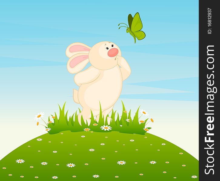 Cartoon little toy bunny with butterfly