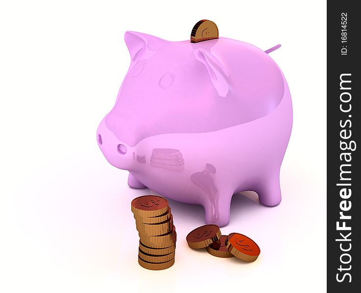 Ceramic pink piggy bank and group of coins near it.