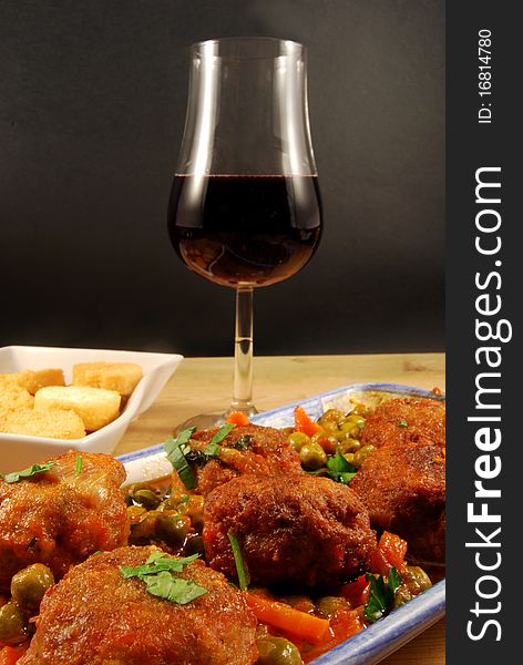 Meatballs, Croutons And Red Wine