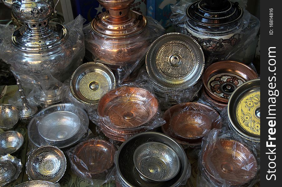 A view of copper object in the bazaar in Turkey. A view of copper object in the bazaar in Turkey.