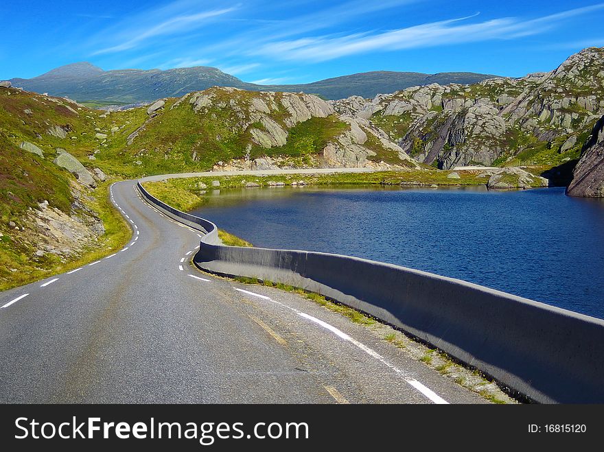 Picturesque Norway Mountain Landscape With Road.