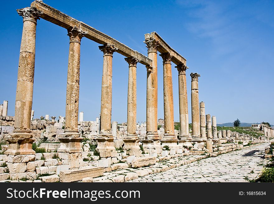 A view of columns at the Roman ruins in Jerash, Jordan