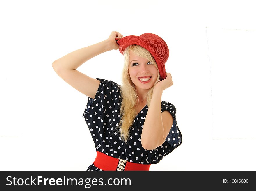 Blonde in red hat have fun. Blonde in red hat have fun