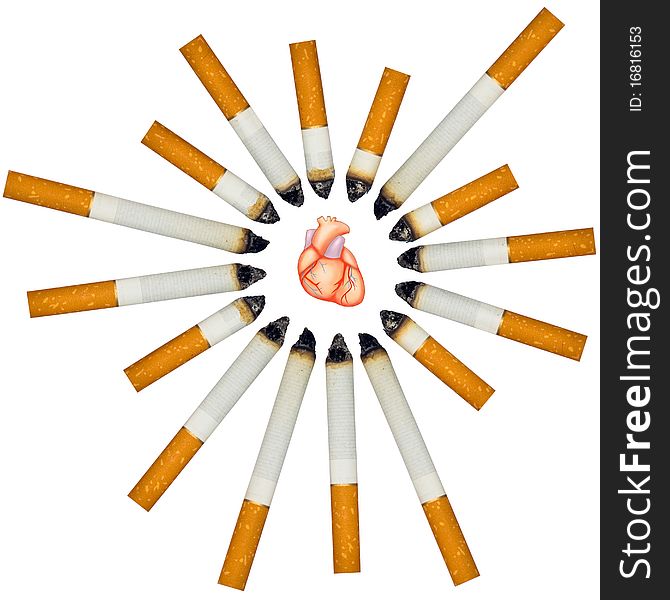 Small Human Heart Against Numerous Cigarettes