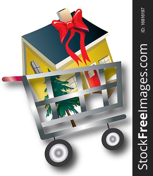 Illustration showing a shopping cart carrying a big gift with a red bow: a new house. Illustration showing a shopping cart carrying a big gift with a red bow: a new house.