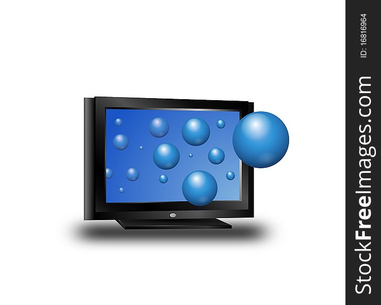 Vector drawing of new 3D TV with flying blue balls