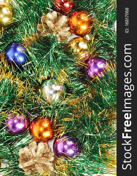 Christmas background with colorful balls and cones