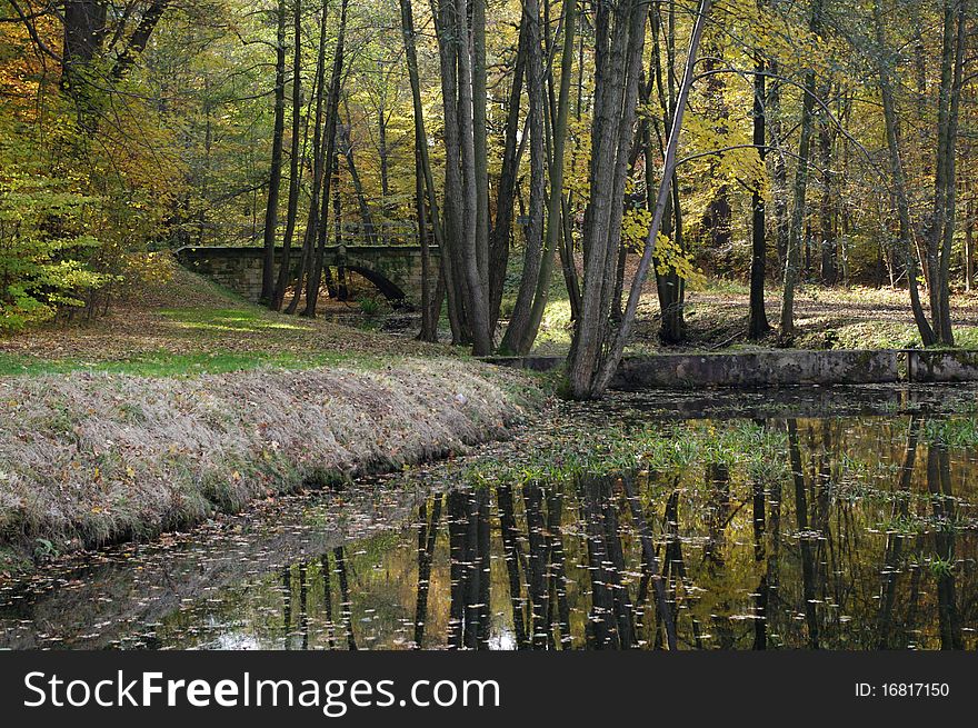 Romantic Park Area with Water, Forest and Stone Bridge during Autumn Fall, nearby Castle Moritzburg, Germany