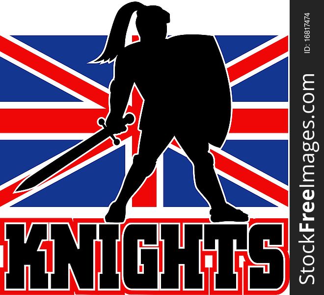 Illustration of a Knight silhouette with sword and shield facing side with GB Great Britain British union jack flag in background words Knights suitable as mascot for any sports or sporting club or organization. Illustration of a Knight silhouette with sword and shield facing side with GB Great Britain British union jack flag in background words Knights suitable as mascot for any sports or sporting club or organization