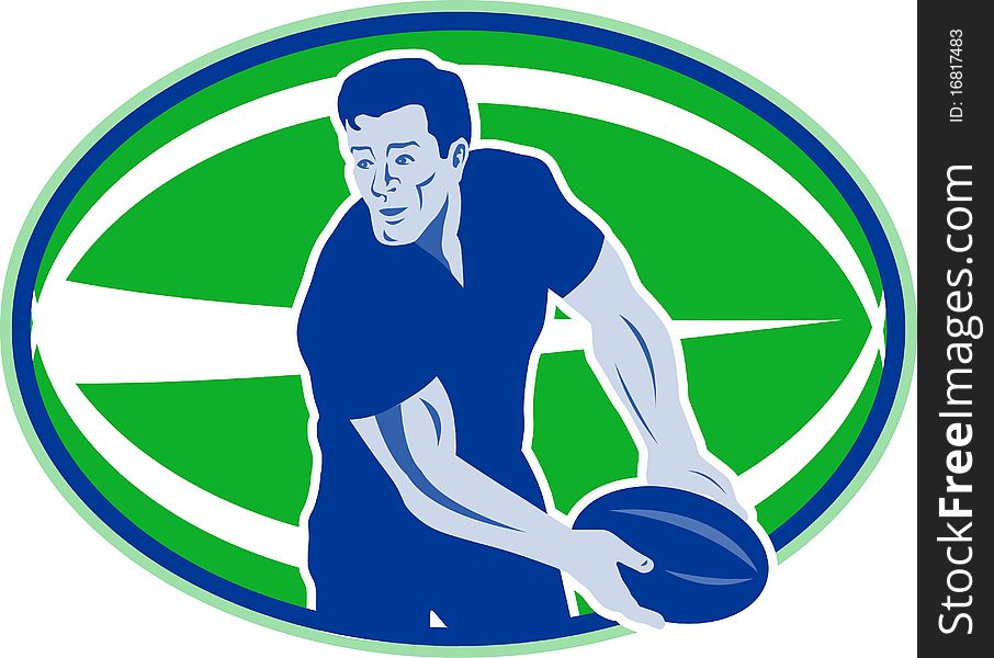 Illustration of a rugby player passing ball viewed from front with ball in background retro style