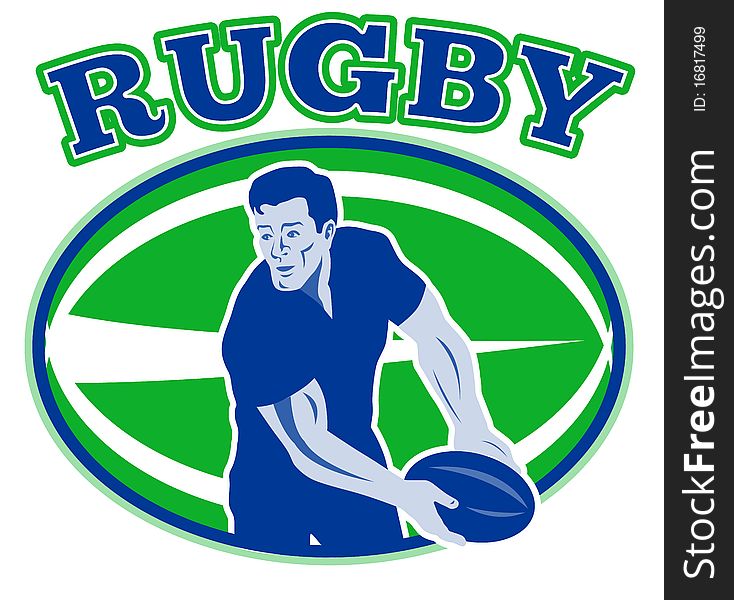 Illustration of a rugby player passing ball viewed from front with ball in background and words rugby