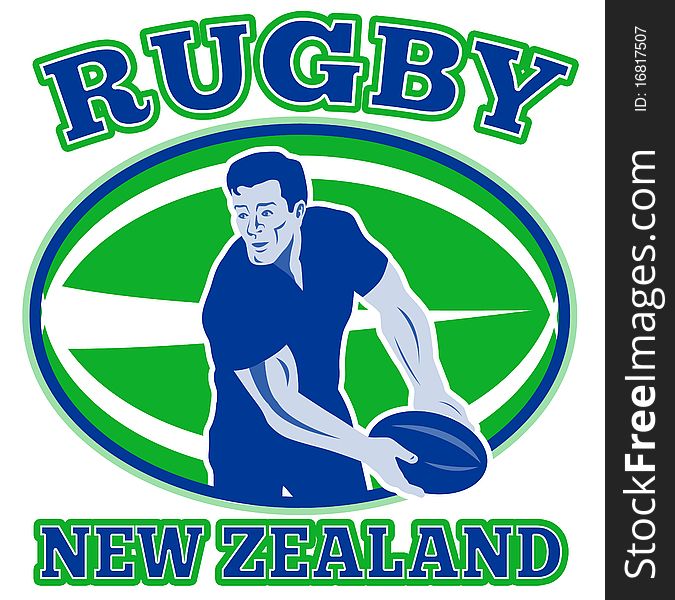 Retro style illustration of a rugby player passing ball viewed from front with ball in background and words rugby new zealand. Retro style illustration of a rugby player passing ball viewed from front with ball in background and words rugby new zealand