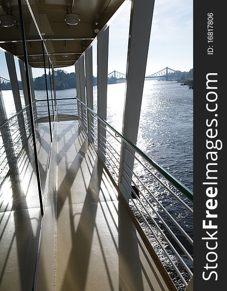 River Elbe in Germany seen from a Boat, running towards a Bridge called Blue Wonder, Saxony. River Elbe in Germany seen from a Boat, running towards a Bridge called Blue Wonder, Saxony