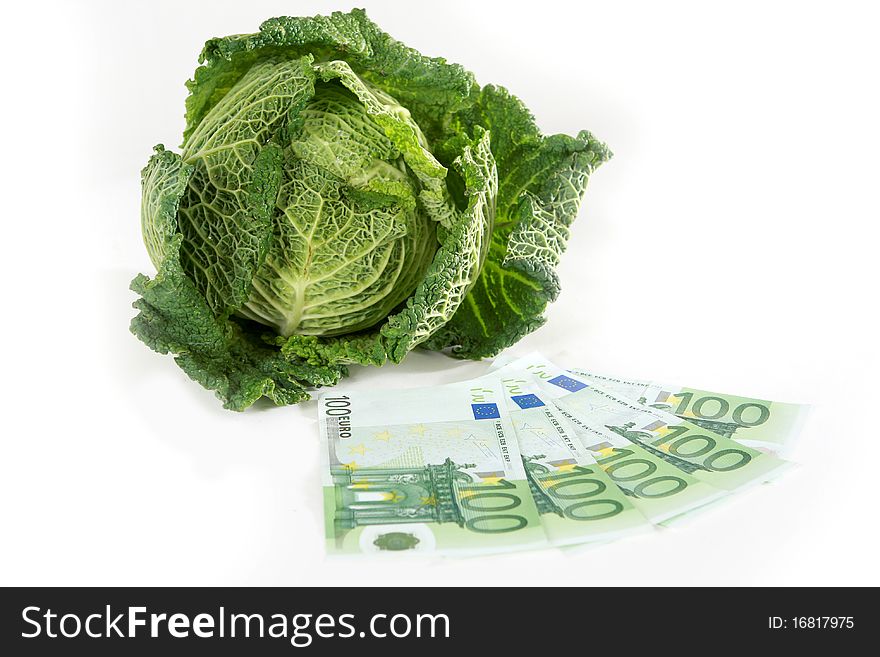 A head of savoy cabbage with five hundred euros on white background. A head of savoy cabbage with five hundred euros on white background