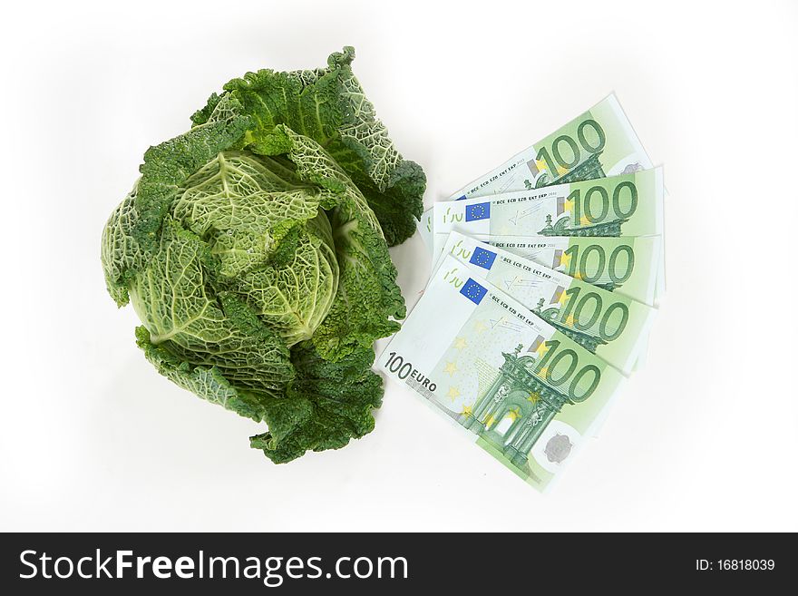 A head of savoy cabbage  with five hundred euros on white background. A head of savoy cabbage  with five hundred euros on white background