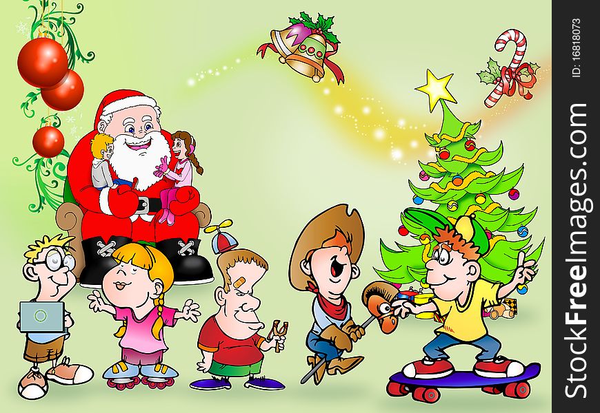Funny illustration of child tell their wish directly to santa claus and some kids already play with their present. Funny illustration of child tell their wish directly to santa claus and some kids already play with their present
