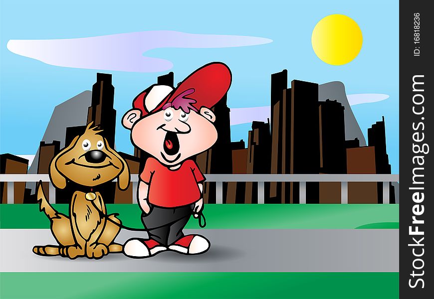 Cute boy and his Brown Puppy illustration on urban city background. Cute boy and his Brown Puppy illustration on urban city background