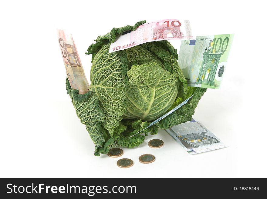 A head of savoy cabbage  with five  euro banknotes on white background. A head of savoy cabbage  with five  euro banknotes on white background