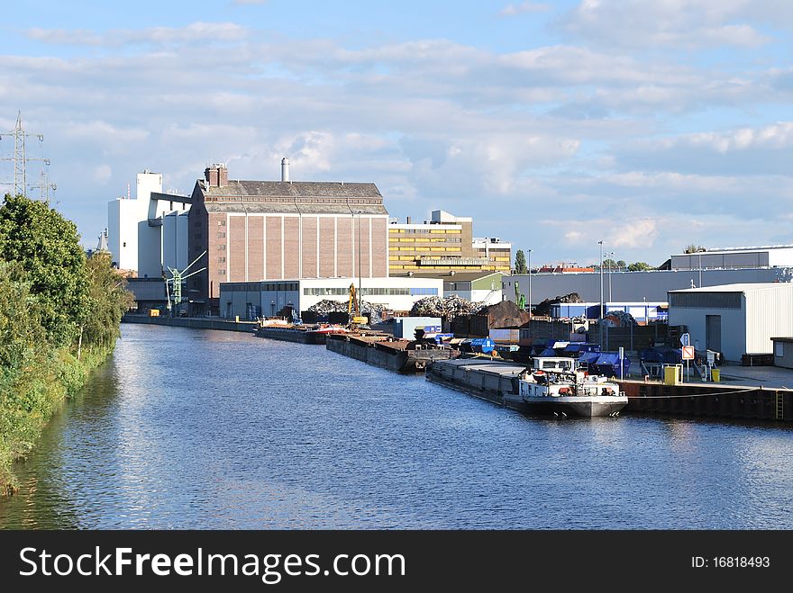 Barges and scrap iron facility at Westhafen docks, Berlin, Germany