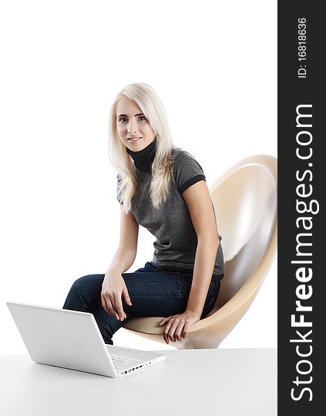 Beautiful woman with computer over white background. Beautiful woman with computer over white background