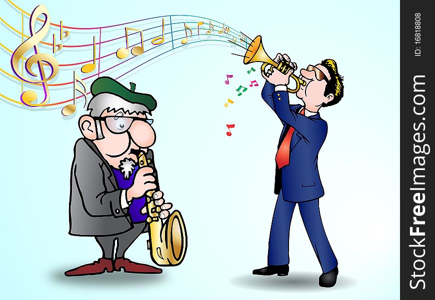 Two man in suit  playing saxophone and trumpet melody over music background. Two man in suit  playing saxophone and trumpet melody over music background