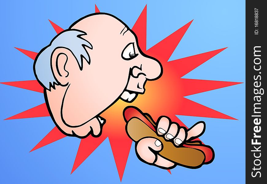 A man eat delicious hot dog on bright background,meal time illustration. A man eat delicious hot dog on bright background,meal time illustration