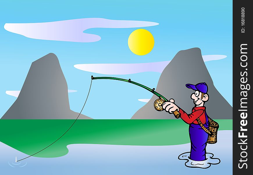 A man fishing on the blue river on nature background illustration