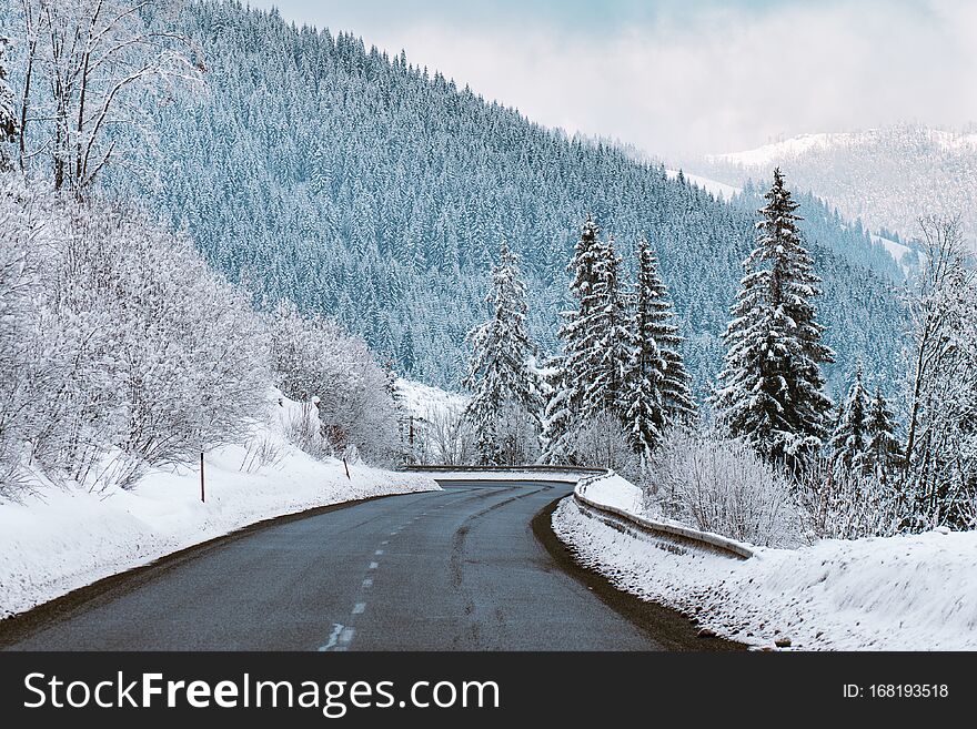 Road in the mountains, winter scenery, road in winter forest