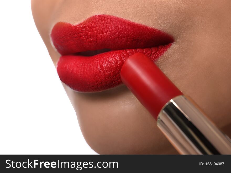 Woman With Red Lipstick On White Background