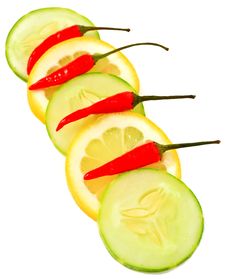 Slices Cucumber And Lemon, With Chili Stock Photo Slices Cucumber And Lemon, With Chili Stock Photo