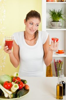 Beauty, Young Girl Holding A Glass Of Juice And A Stock Photos