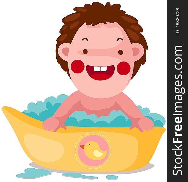 Baby takes a bubble bath.