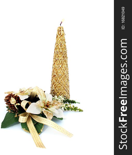Christmas decorations and  candle  isolated  on white background.