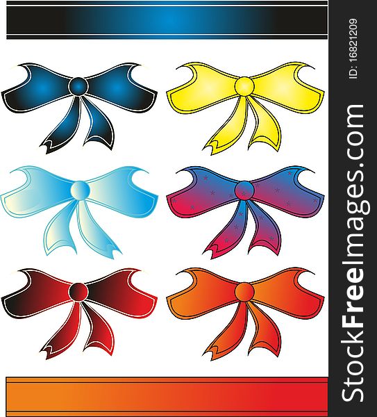 Six colorful bows and ribbons with a border. Six colorful bows and ribbons with a border