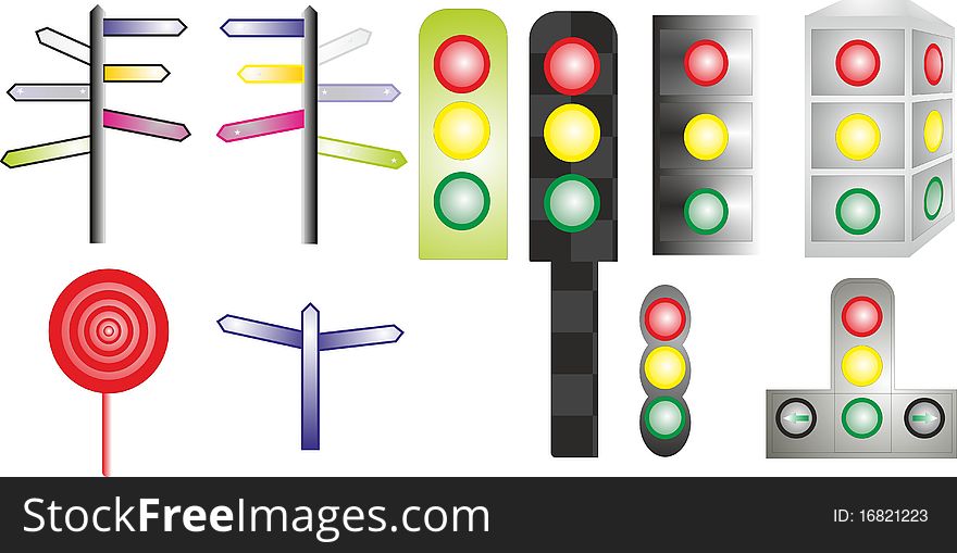 Multicolored traffic lights and signs arrows. Multicolored traffic lights and signs arrows