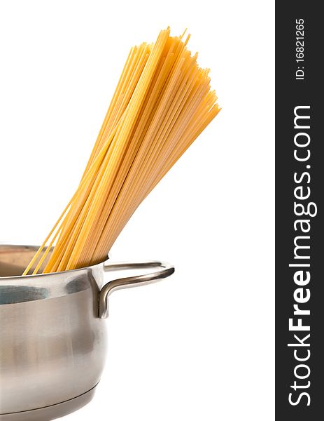 Closeup of spaghetti in pan isolated on white background