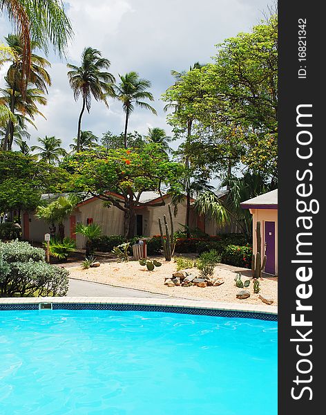 Luxury Resort Pool And Hotel Garden In Aruba.