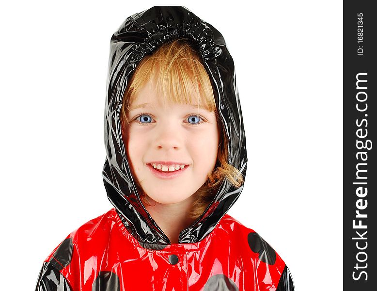 Studio shot with child with red raincoat isolated on the white background. Studio shot with child with red raincoat isolated on the white background.