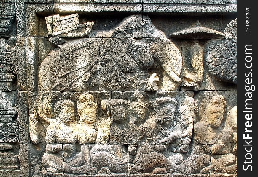 Stone decorations at the wall of Borobudur temple, Java, Indonesia. Stone decorations at the wall of Borobudur temple, Java, Indonesia